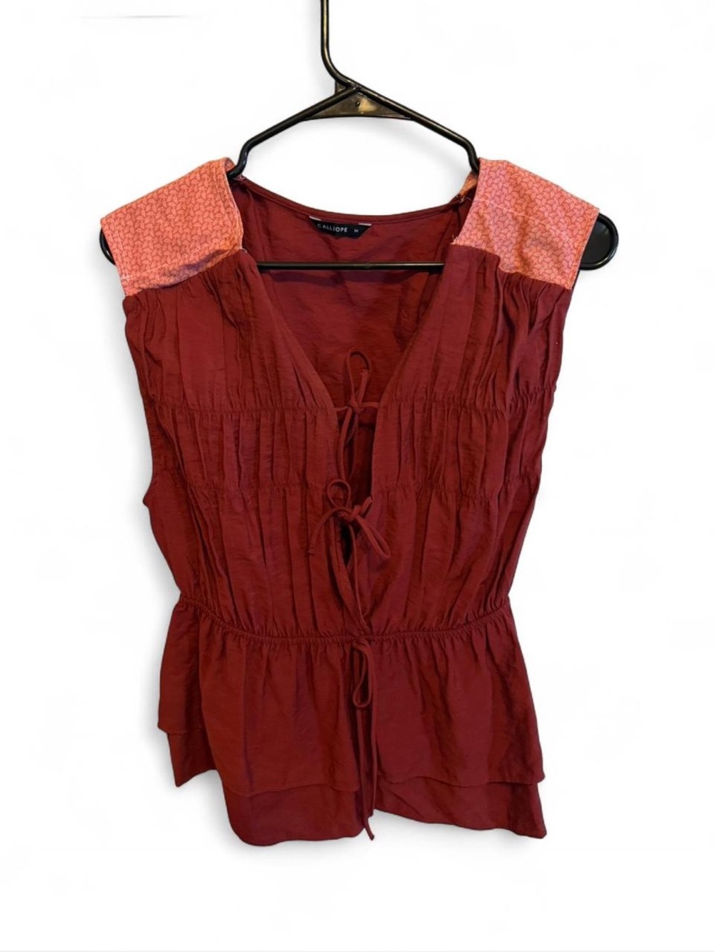 Calliope Rust Red Peasant Blouse with Pink Yoke